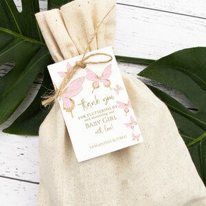 Etiqueta de agradecimiento con forma de mariposa, etiquetas imprimibles para obsequios de baby shower de niña, tarjetas de bautismo en rosa pastel, plantilla de descarga digital editable P293