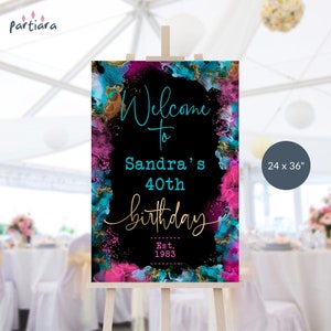 Editable Birthday Sign Welcome Party Board Printable Ladies 40th Dinner Drinks Party Poster Template Hot Pink Teal Blue Gold Decor P750