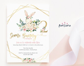 2nd Birthday Invite Girl Some Bunny Party Invitations Printable Blush Pink Gold Floral Rabbit Tea Party Editable Download P66 P276 P376