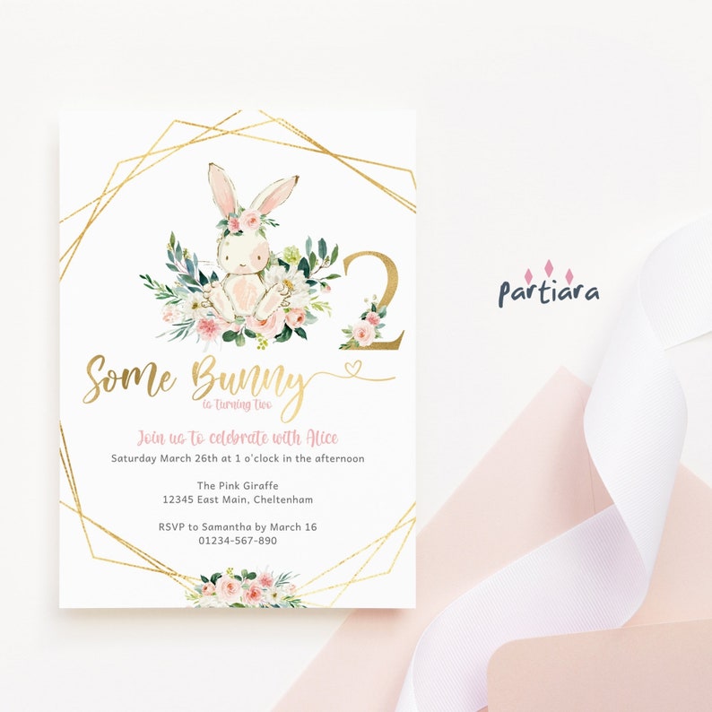 2nd Birthday Invite Girl Some Bunny Party Invitations Printable Blush Pink Gold Floral Rabbit Tea Party Editable Download P66