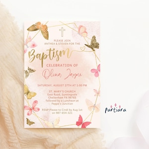 Boho Taufeinladung Schmetterling Party Vorlage für Mädchen, 1. Geburtstag Gemeinsame Taufe Einladen Druckbare, Pfirsich Rosa Dekor, Bearbeitbar P130