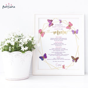 Butterfly Party Menu Sign Template, Girls Birthday Table Menus Printable, Baby Shower Pink Purple Buffet Table Poster Editable Download P337
