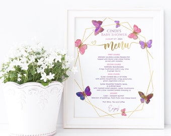 Butterfly Menu Table Sign, Bridal Shower Butterflies Party Poster Decor Printable, Girls Baby Shower Menus, 1st Birthday Editable Menus P337