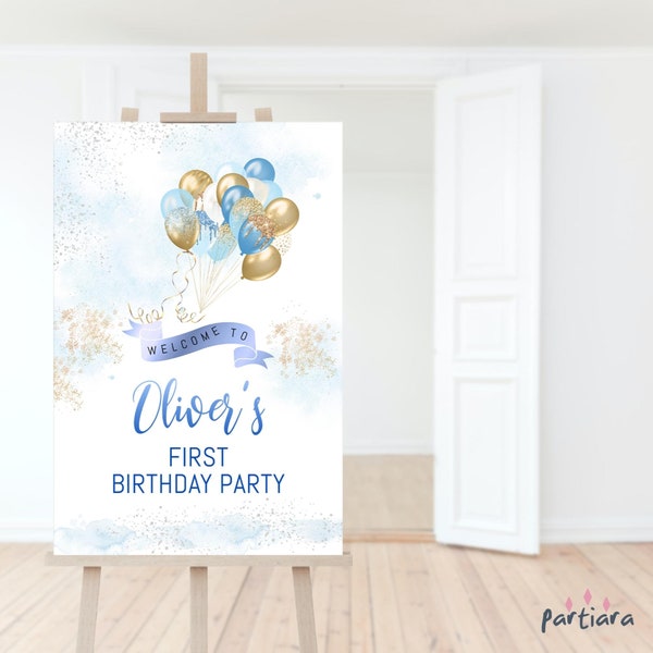 Boy 1st Birthday Welcome Sign Printable Blue and Gold Balloons Baby Shower Welcome Poster Decor EDITABLE TEMPLATE Download P548