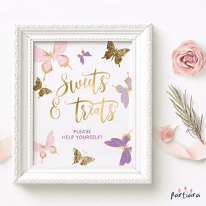 Butterfly Treats Sign, Birthday Sweet Treat Dessert Table Poster Printable, Girl Baby Shower Pastel Pink Purple Decor Editable Template P345