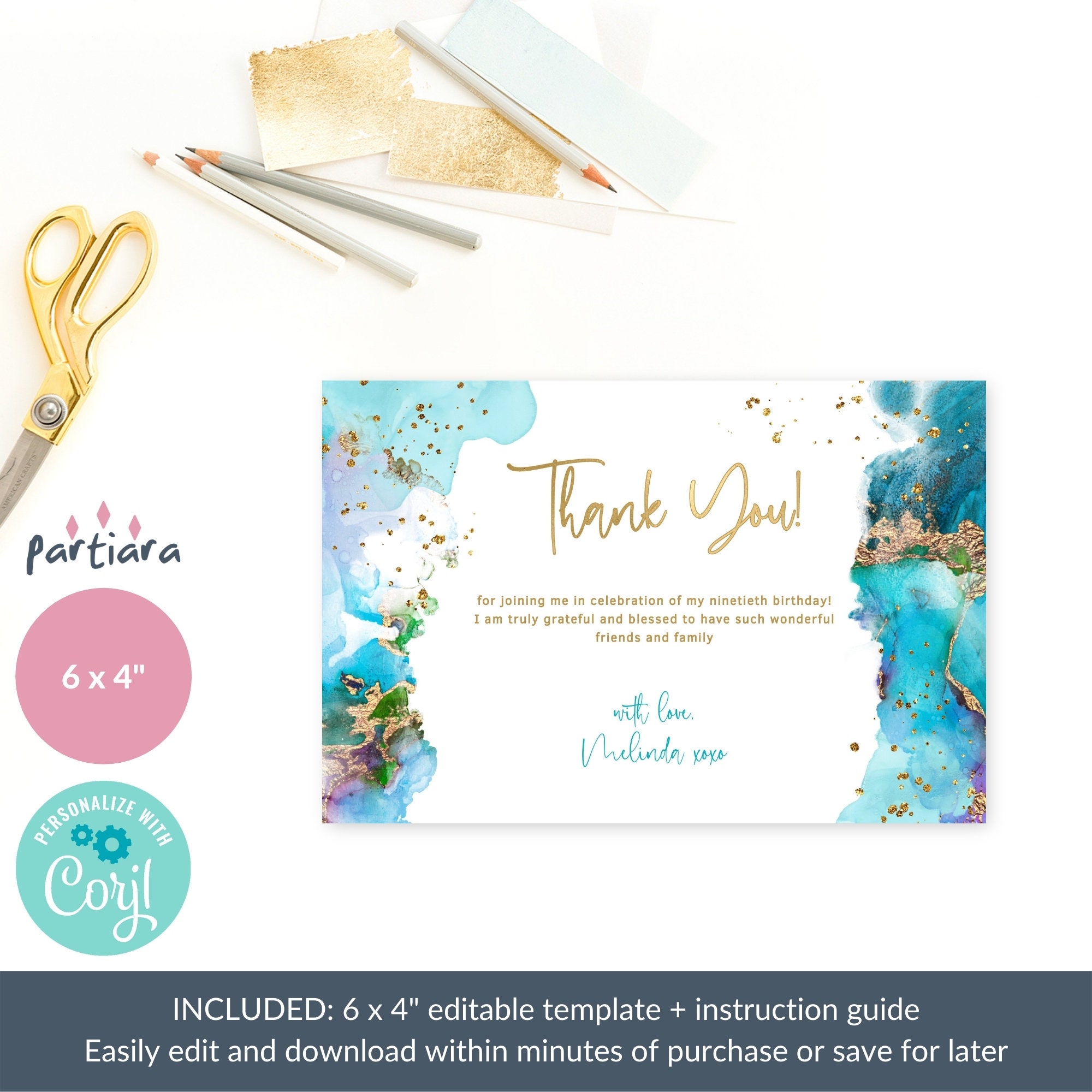 Teal Blue Gold Thank You Birthday Card Printable Men or Ladies - Etsy ...