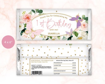Enchanted Birthday Chocolate Wrap Girl Butterfly Candy Wrapper Label Editable Template Blush Pink Lilas Gold Floral Favors Imprimable P328
