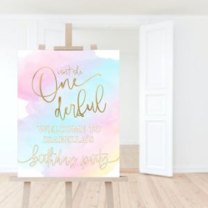 Onederful Birthday Welcome Sign for Girls, Pastel Rainbow First Party Poster Decoration Printable, Editable Digital Download Template P179