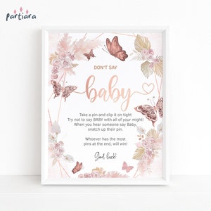 Dont Say Baby Game Butterfly Baby Shower Decor Table Sign Printable, Girls Boho Pastel Blush Pink Rose Gold Editable Template Download P171