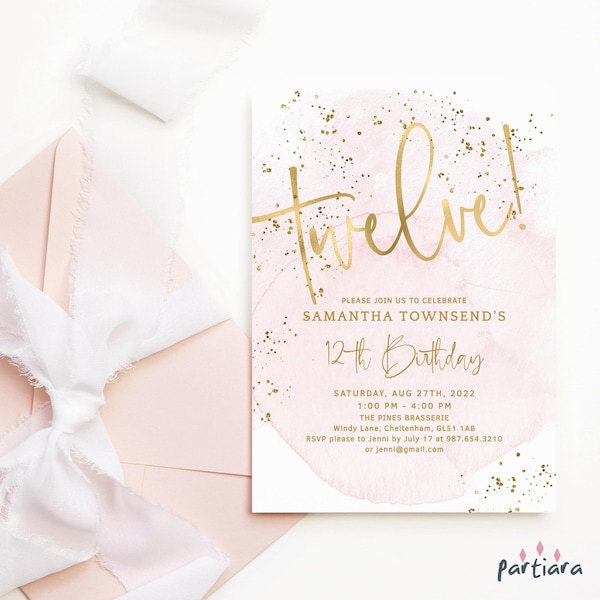 Geburtstagseinladung Mädchen 12. Geburtstag Party-Einladung Blush Pink Gold Sprinkles Printable EDITIERBAR Digitaler Download VORLAGE P132 P249