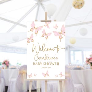 Butterfly Welcome Sign Blush Pink Gold Baby Shower Welcome Poster Party Entrance, Girl Birthday Butterflies Decor Printable, Editable P293