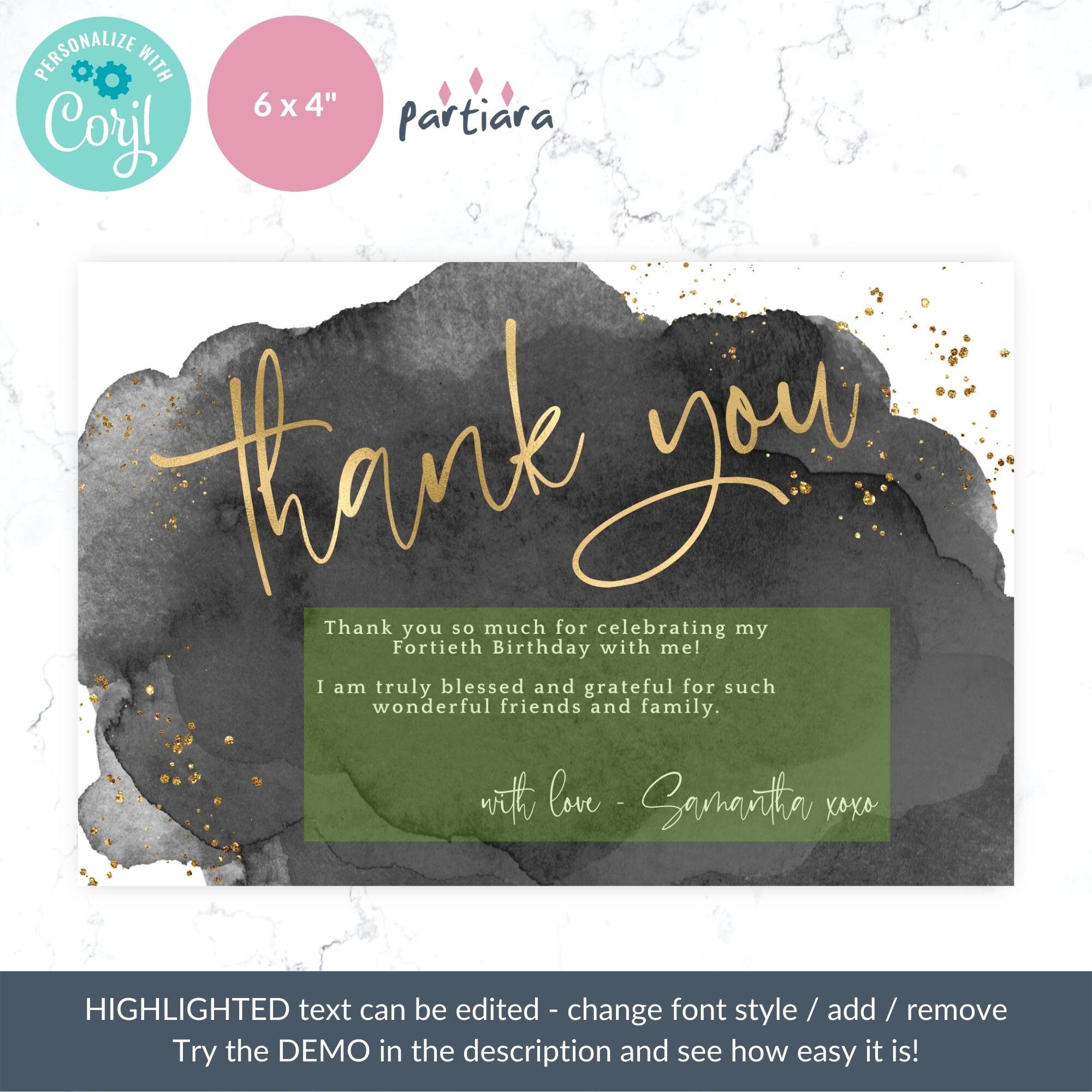 Birthday Thank You Card Template Black and Gold Party Printable, Teen ...