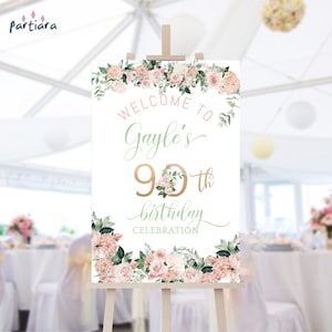 90th Birthday Sign, Floral Welcome Poster Board, Ladies Elegant Blush Pink Mint Green Rose Gold Decor Printable, Editable Download P440