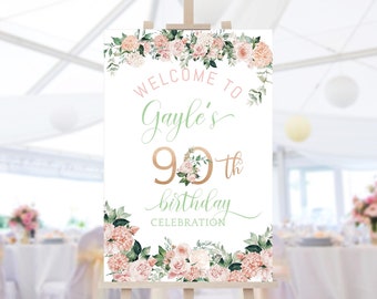 90th Birthday Sign, Floral Welcome Poster Board, Ladies Elegant Blush Pink Mint Green Rose Gold Decor Printable, Editable Download P440