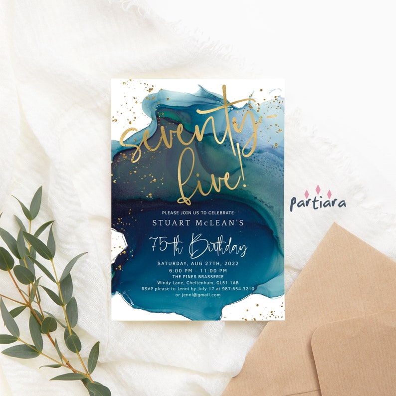 Teal Gold 75th Birthday Invitation DIY Printable Editable image 1