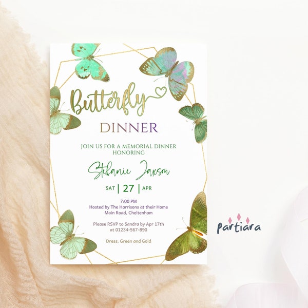 Editable Butterfly Dinner Invite Template Ladies 70th 80th 90th Party Invitations Printable Mint Sage Green Gold Decor Digital Download P702