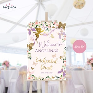 Verzaubertes Geburtstagszeichen, Fee-Willkommensparty-Poster druckbar, Schmetterlings-Mädchen-Gartenparty rosa lila Dekor, bearbeitbare Vorlage P328