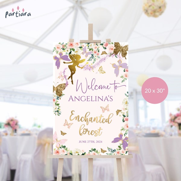 Fairy Butterfly Welcome Sign, Enchanted Birthday Party Welcome Poster, Floral Butterflies Blush Pink Gold Decor, Editable Download P328