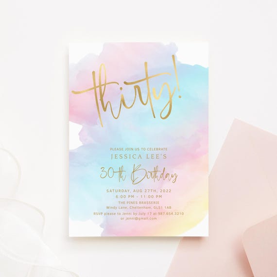 30th Birthday Invitation Digital Download, Ladies 30th Invites Printable, Rainbow Thirty Pastel Party Card, Editable Corjl Template P179