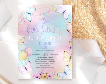 Rainbow Little Butterfly Birthday Invitation Printable Girl Pastel Floral Tea Party Invite Editable Digital Download Template P179
