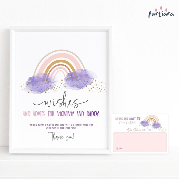 Wishes and Advice Baby Shower Party Table Games Sign and Notecard Set Girl Purple Pink Rainbow Decor Printable Editable Download P136