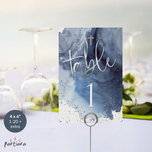 Números de mesa para la comunión, tarjetas con números para la mesa del bautizo de los niños, mesas para el bautizo de los niños, decoración en azul marino, plateado y blanco, editable P263