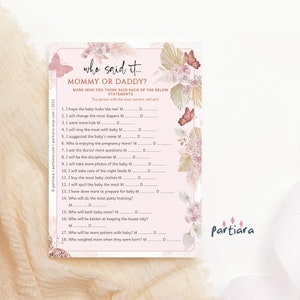 Vlinder babyshowergames, wie zei het mama of papa quiz gamekaart afdrukbaar, roségouden boho bloemen notitiekaart, bewerkbare download P171