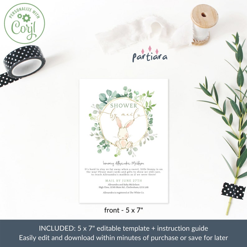 EDITABLE Virtual Baby Shower Invitation Greenery Bunny Rabbit Etsy