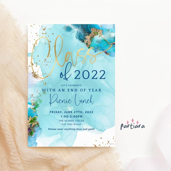 Graduation Party Invitation Printable Sky Blue and Gold Grad Bash Dinner Party Invite Editable Class of 2022 2023 Template Download P243