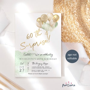 Surprise 60th Birthday Invitation Template, Ladies Dinner Party Invite Printable, Sage Green Gold Balloons Decor, Editable Download P232