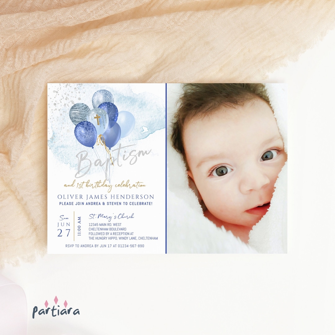 Baptism 1st Birthday Invitation Baby Boy EDITABLE Photo Invite Template, Blue Silver Gold Party