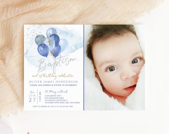 Baptism and First Birthday Invitation, Baby Boys Baptism Invite Balloons with Photo Picture, Pastel Blue Silver Decor Editable Template P291
