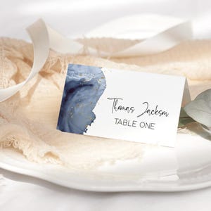Étiquettes de nourriture à imprimer pour le buffet, carte de visite de table d'anniversaire, marque-places bleu marine doré, couvert pour assiette de table, modifiable P239