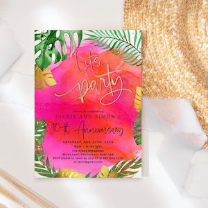 Tropical Party Invitation, 10th Anniversary Invites Printable, Ladies Teen Girl Birthday Party, Hot Pink Orange Gold Decor, Editable P200