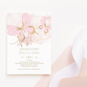 Modèle d'invitation de baptême papillon pour les filles, 1er anniversaire conjointe faire-part de fête d'anniversaire imprimable, décoration papillon rose poudré, modifiable P293