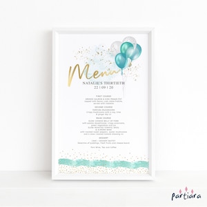 Aqua Blue Menu Printable Birthday Balloons Table Menus Buffet Food Tables Menu Sign Ladies Teen Girls Brunch Menu Editable Template P326