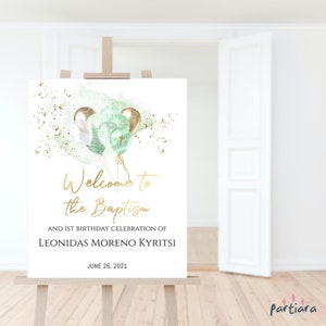 Girl Baptism Welcome Sign Printable Mint Sage Green Gold Balloons 1st Birthday and Baptism Party Welcome Poster Editable Download P10 P232