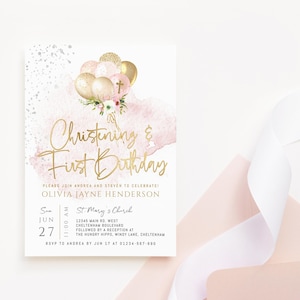 Baby Girl Christening 1st Birthday Invite Digital Download Blush Pink Gold Balloons Printable Bohemian Floral Silver Editable Template P344