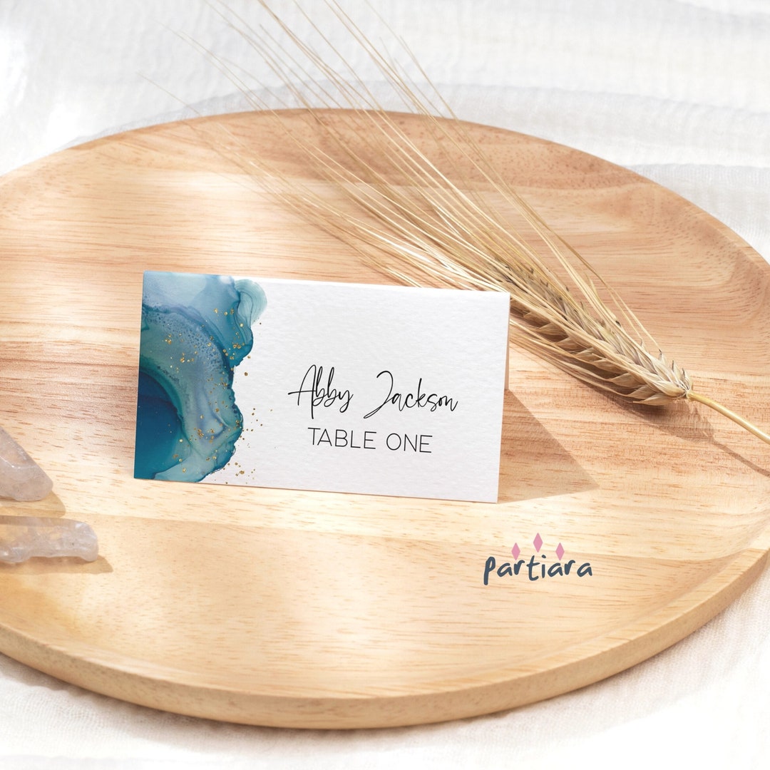 Teal Gold Name Place Cards DIY Editable Folding Escort Table Card