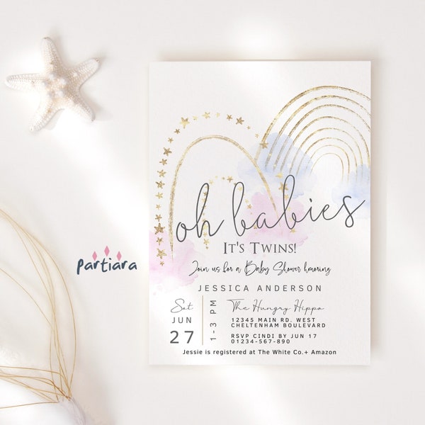 Boy Girl Twin Baby Shower Invitation DIY Editable Template, Oh Babies Its Twins Gold Rainbow Sprinkle Invite, Pastel Blue and Pink P136