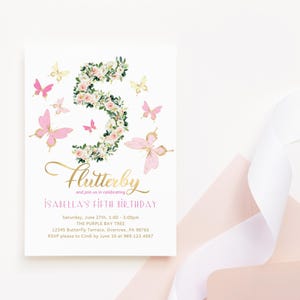 5th Birthday Invitation Butterfly Party Digital Download, Girls Turning Five Pink Gold Floral Invite Printable Editable Template P376