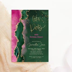 Modèle d'Invitation d'anniversaire rose vert modifiable, dames permet de fêter des boissons inviter imprimable, rose vif en téléchargement numérique P700