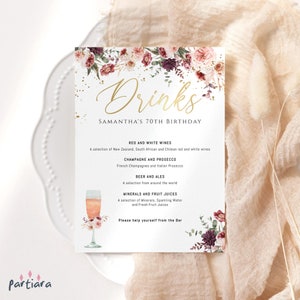 Menú de bebidas para damas, plantilla de tarjeta de menú de bar de cumpleaños, menús de brunch con champán y flores rosas y rojas, imprimibles, editables, descarga P173