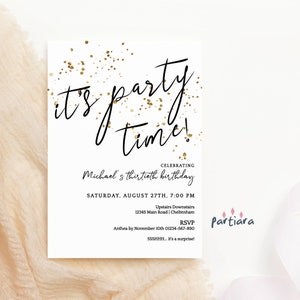 Adult Party Time Invitation Template | Editable Milestone Birthday Party Invitation Printable | Minimalist Download Invites | Black Gold