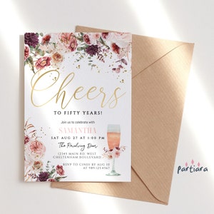 Floral 50th Birthday Invitation Template, Cheers to Fifty Years Champagne Brunch Party Invite Printable, Editable Digital Download P173