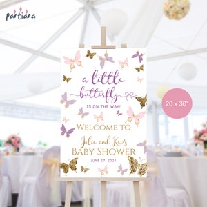 Little Butterfly Baby Shower Welcome Sign Printable Girl Blush Pink Lilac Purple Gold Party Welcome Poster Decor Editable Download P6 P345