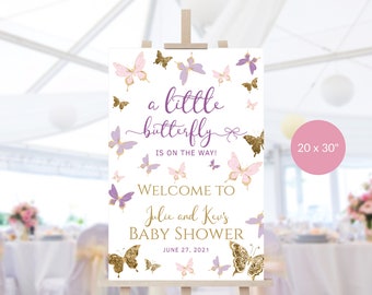 Little Butterfly Baby Shower Welcome Sign Printable Girl Blush Pink Lilac Purple Gold Party Welcome Poster Decor Editable Download P6 P345