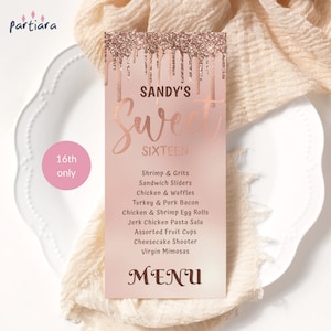 Sweet 16 Geburtstag Menüs Druckbare Rose Gold Blush Pink Dinner Party Tisch Männer Karten Bearbeitbare Digitaler Download Vorlage P106 P506