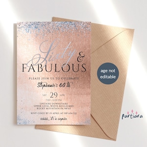 Sixty and Fabulous Invitation - 60th Birthday Invite Template - Digital 60th Dinner Party Printable Rose Gold Silver Decor Editable P139