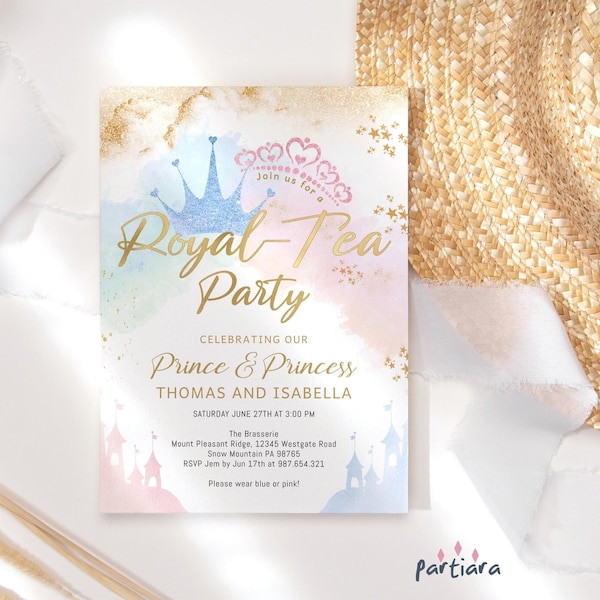 Royal Tea Party Invite Girls Princess Birthday Invitation Printable Pastel Blue Pink Tiara Fairytale Invites Editable Digital Download P137